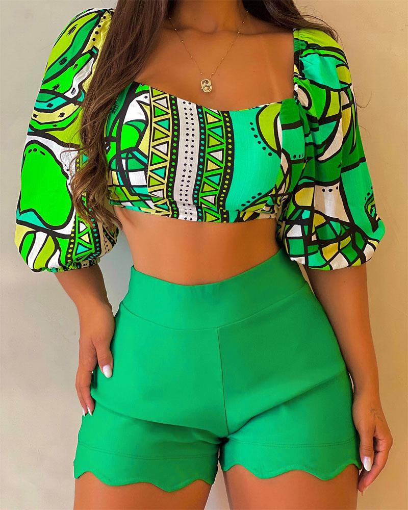 

Allover Print Puff Lantern Sleeve Crop Top & Shorts Set, Green