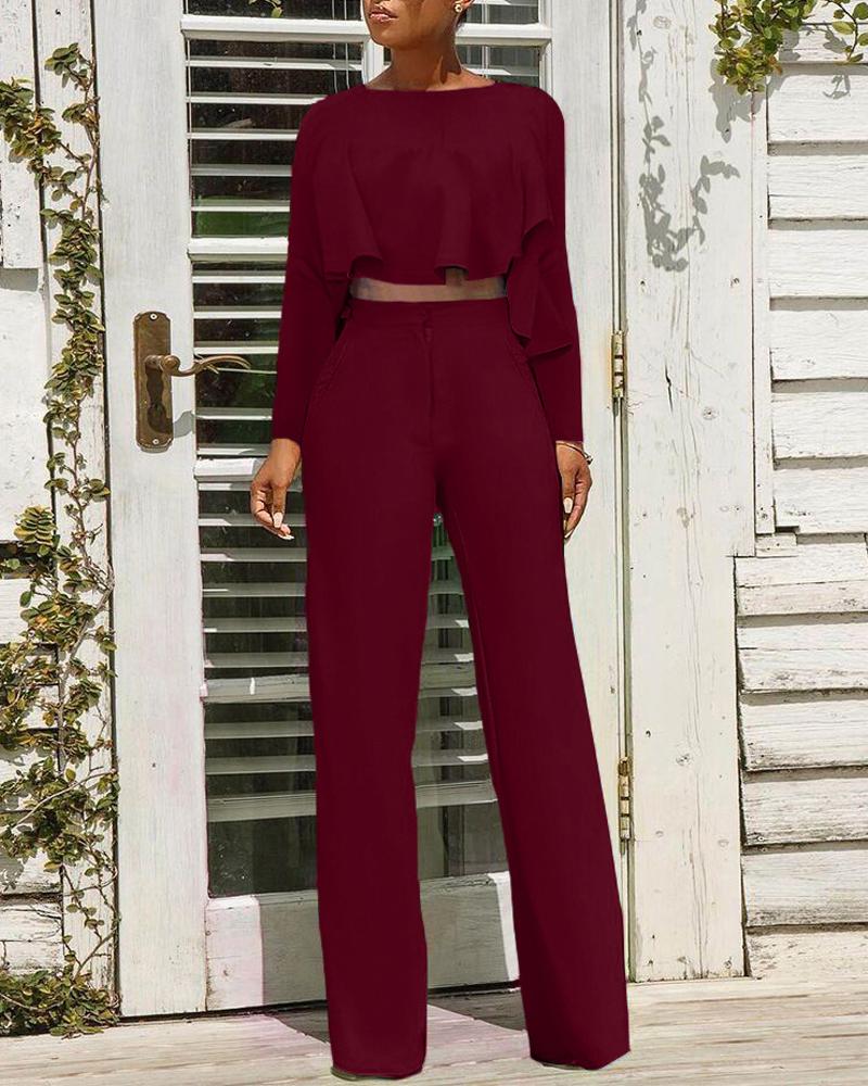 

Long Sleeve Ruffle Hem Crop Top & High Waist Pants Set, Wine red