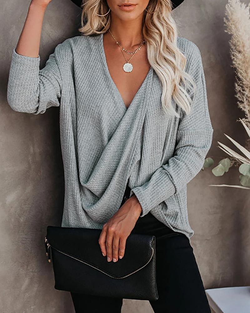 

V Neck Long Sleeve Ruched Casual Top, Gray