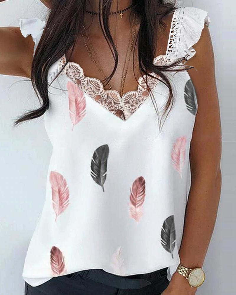 

Contrast Lace Feather Print V-Neck Casual Tank Top, White