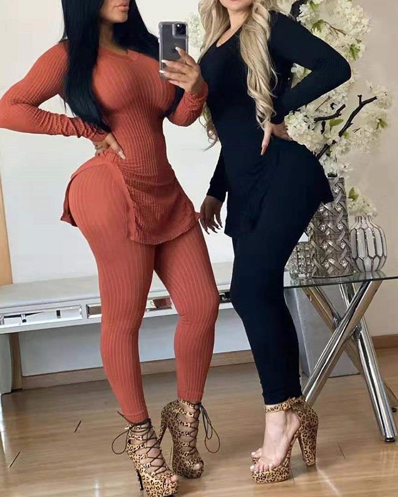 

Ribbed Slit Long Sleeve Top & High Waist Pants Set, Wine red