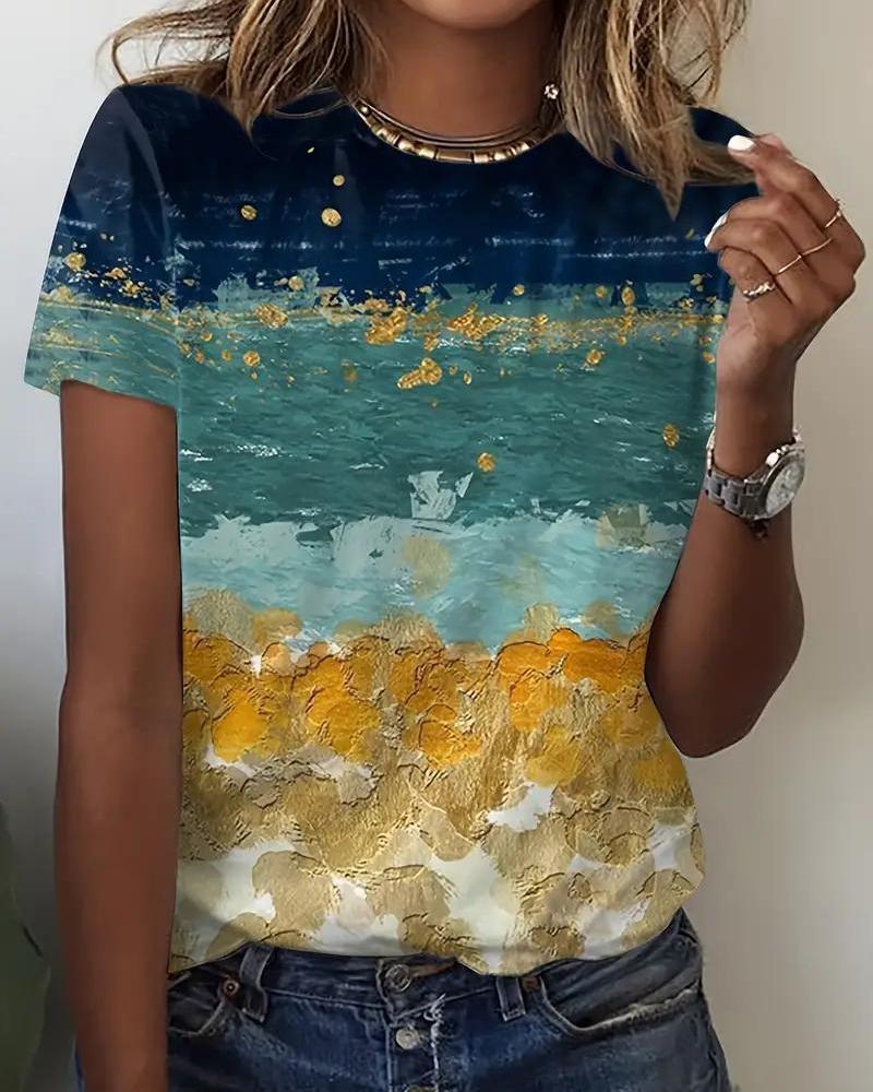 

3D Landscape Painting Print Crew Neck T-shirt, Multicolor
