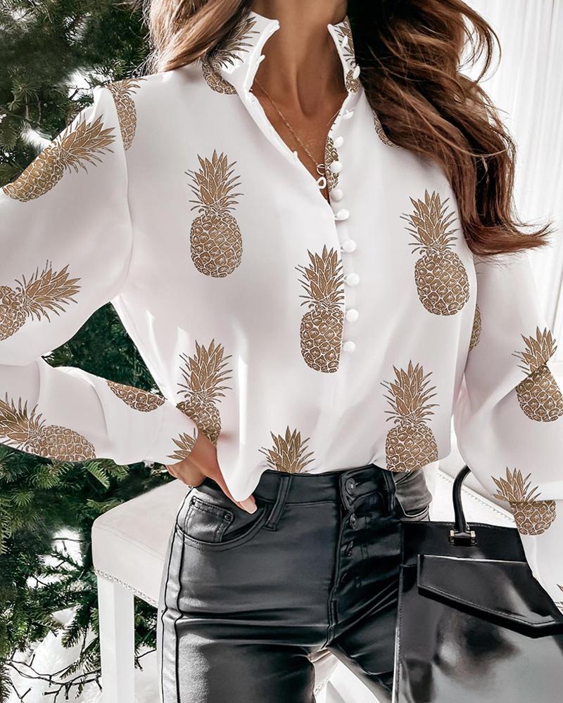 

Pineapple Print Button Design Long Sleeve Top, White