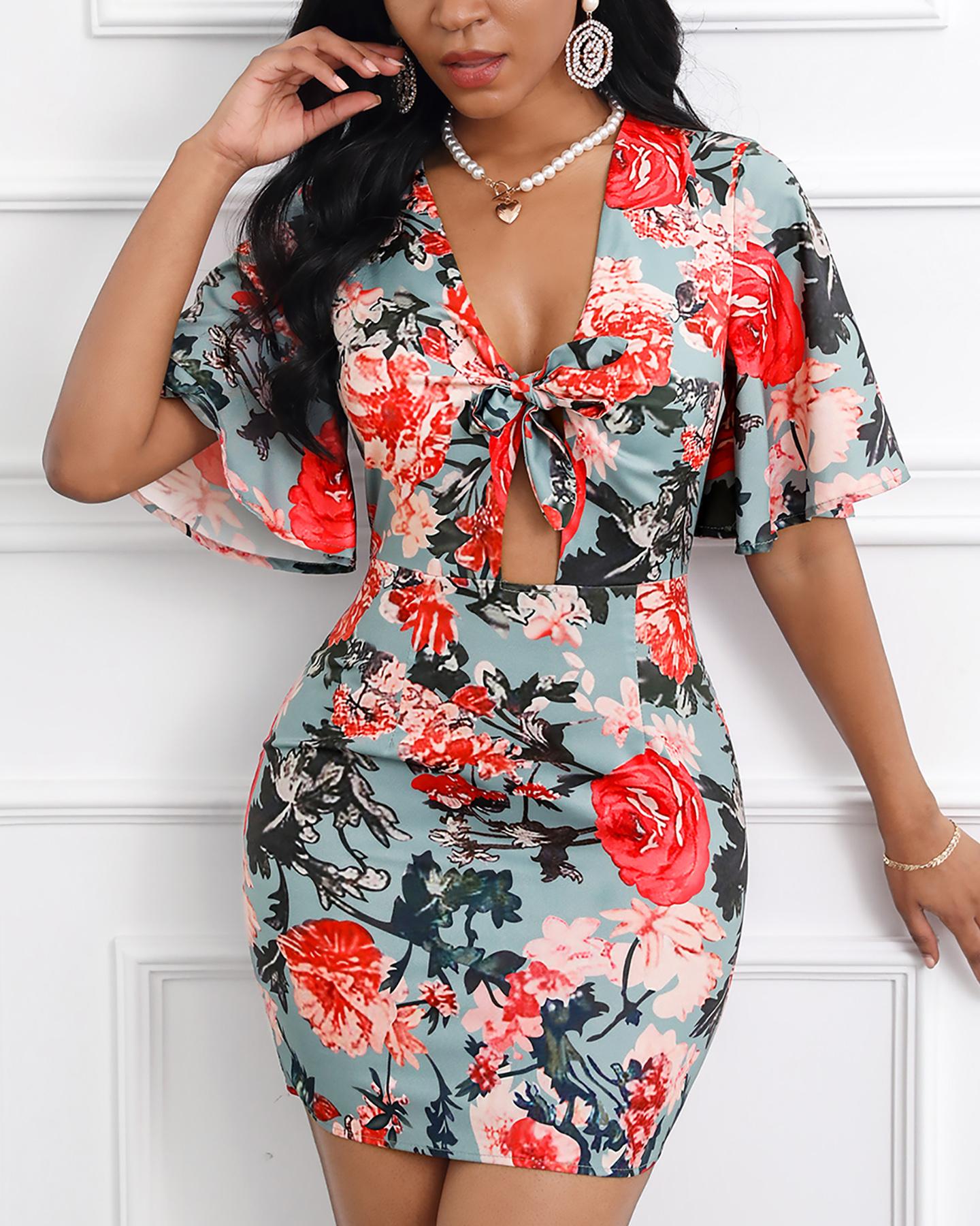 

Floral Print Tie Front Sheath Dress, Green