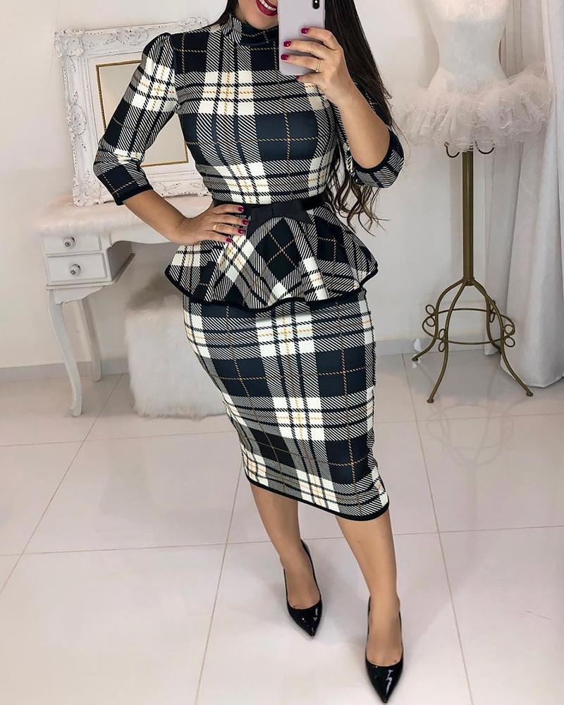 

Skinny Plaid Print Mock Neck Ruffles Top & Skirt Set, Black