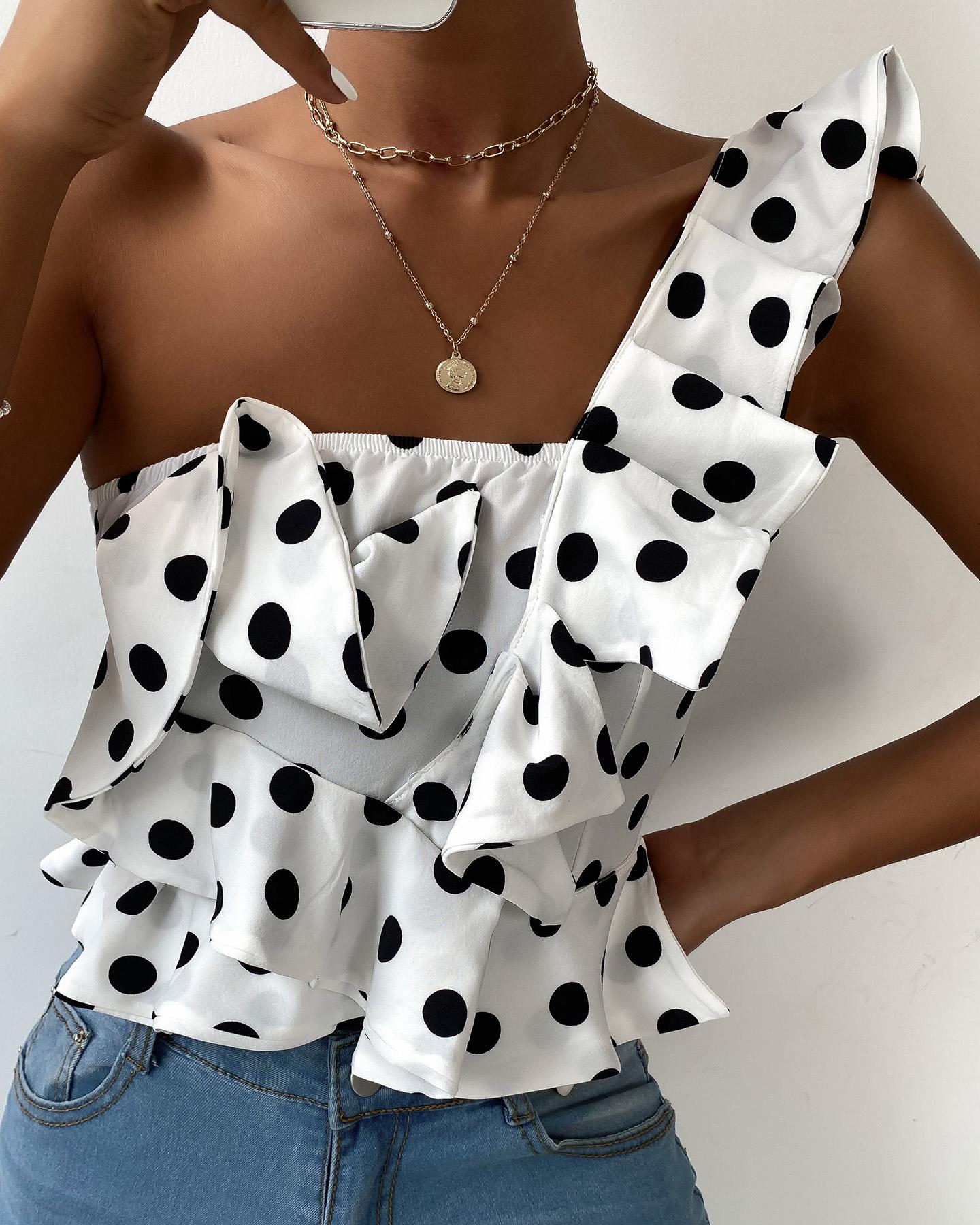 

One Shoulder Polka Dot Print Ruffle Hem Top, White