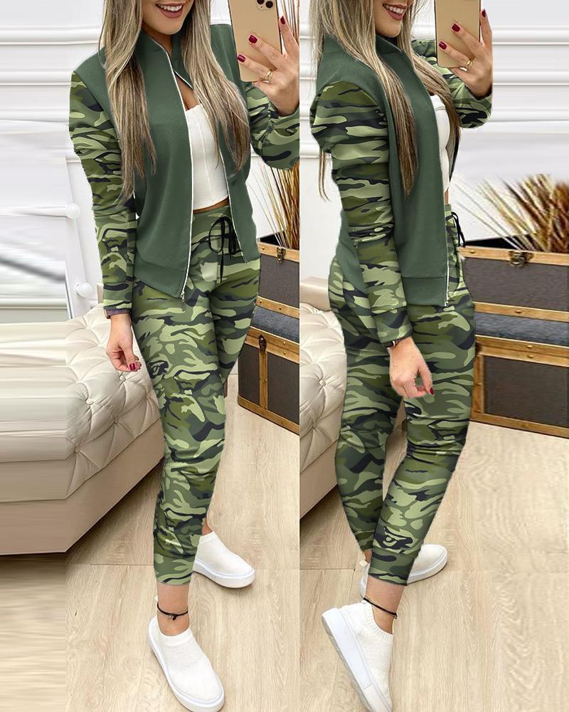 

Camouflage Print Zipper Jacket & Drawstring Pants Set, Green