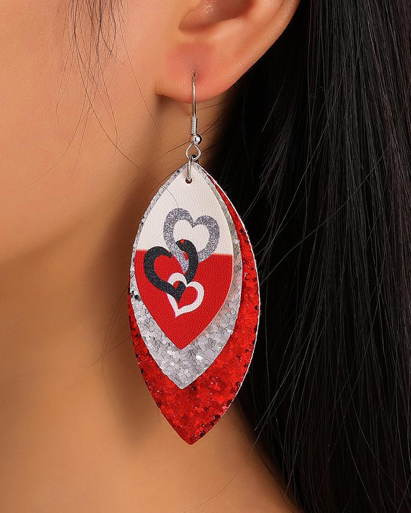 

Valentine's Day Layered Heart Print Sequins Drop Earrings, Red