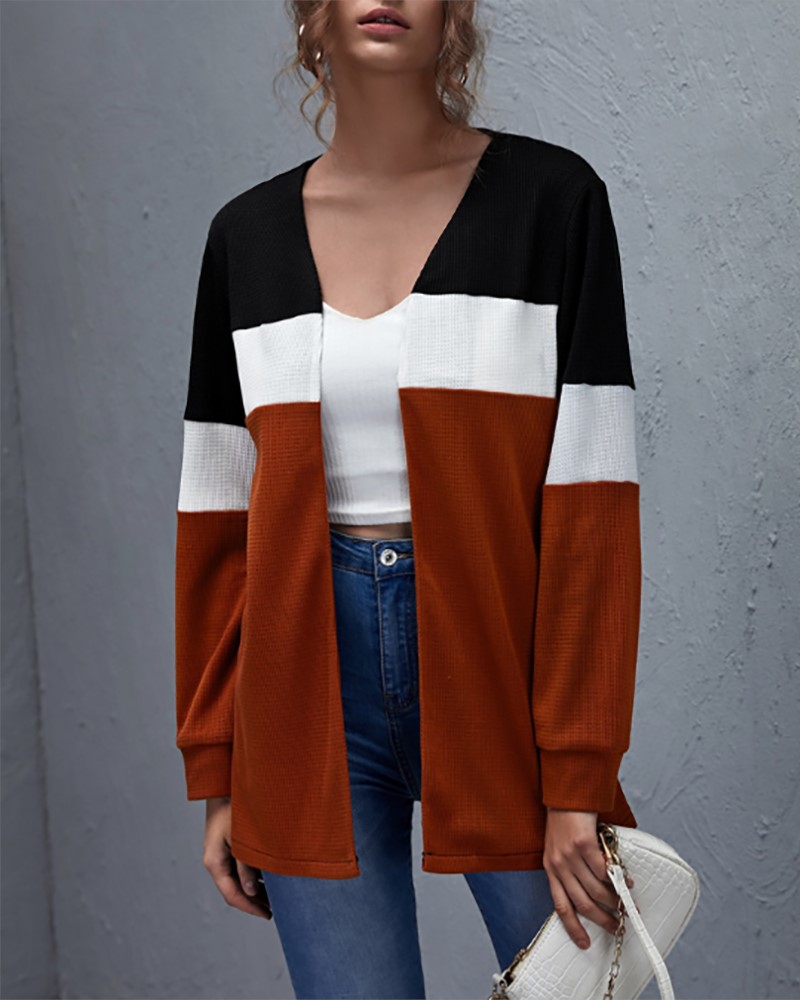 

Long Sleeve Waffle Knit Colorblock Cardigan, Red