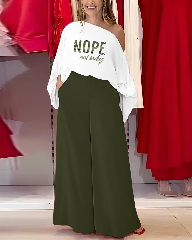 

Ombre Nope Not Today Print Top & Wide Leg Pants Set, Army green