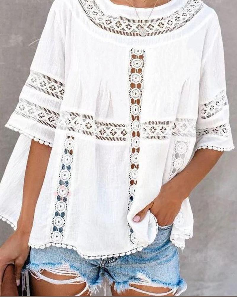 

Lace Stitching Round Neck Short Sleeve Blouse, White