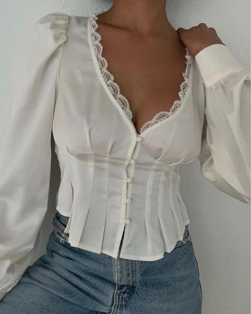 

Lace Trim Puff Sleeve Button Front Corset Top, White