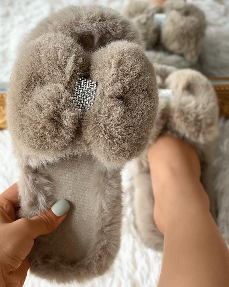 

Fuzzy Bowknot Design Slippers, Khaki
