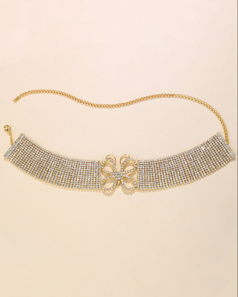 

Allover Rhinestone Butterfly Shaped Choker, Gold
