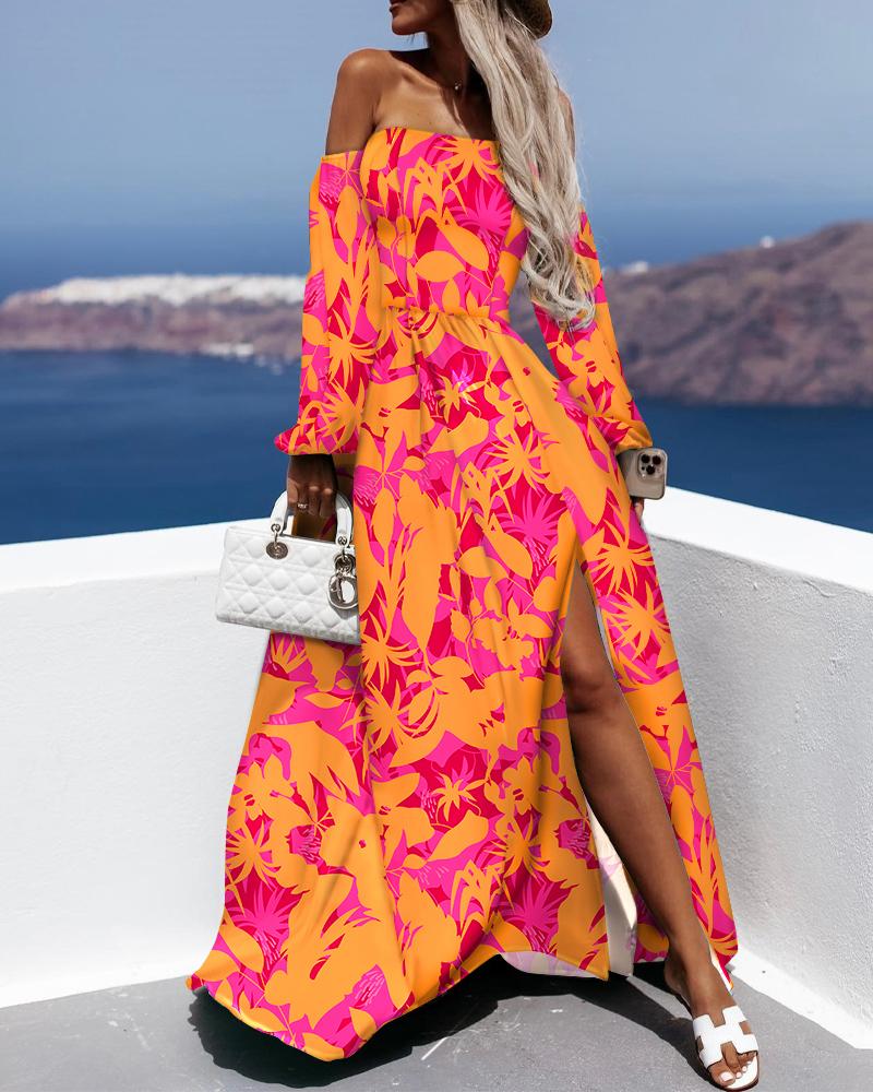 

Plants Print Off Shoulder Corset Slit Maxi Dress, Orange