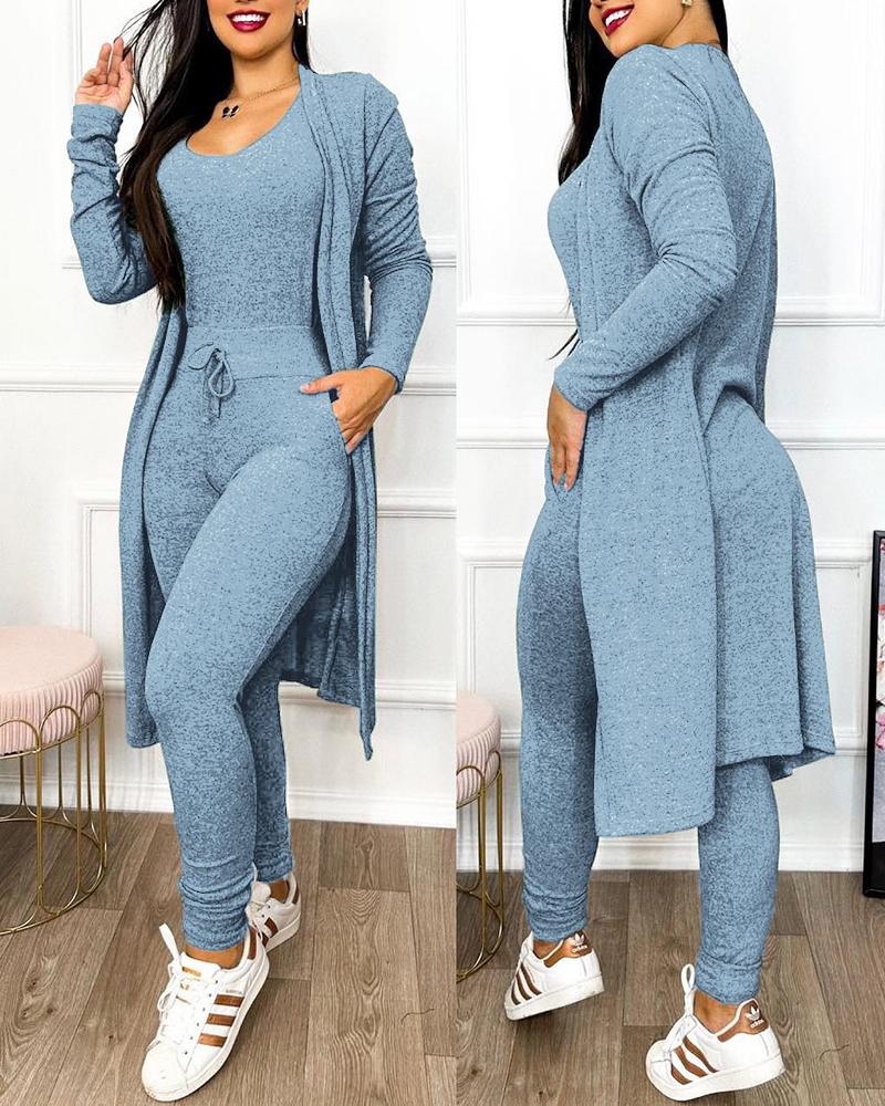

Drawstring Pocket Design Jumpsuit & Coat Set, Blue