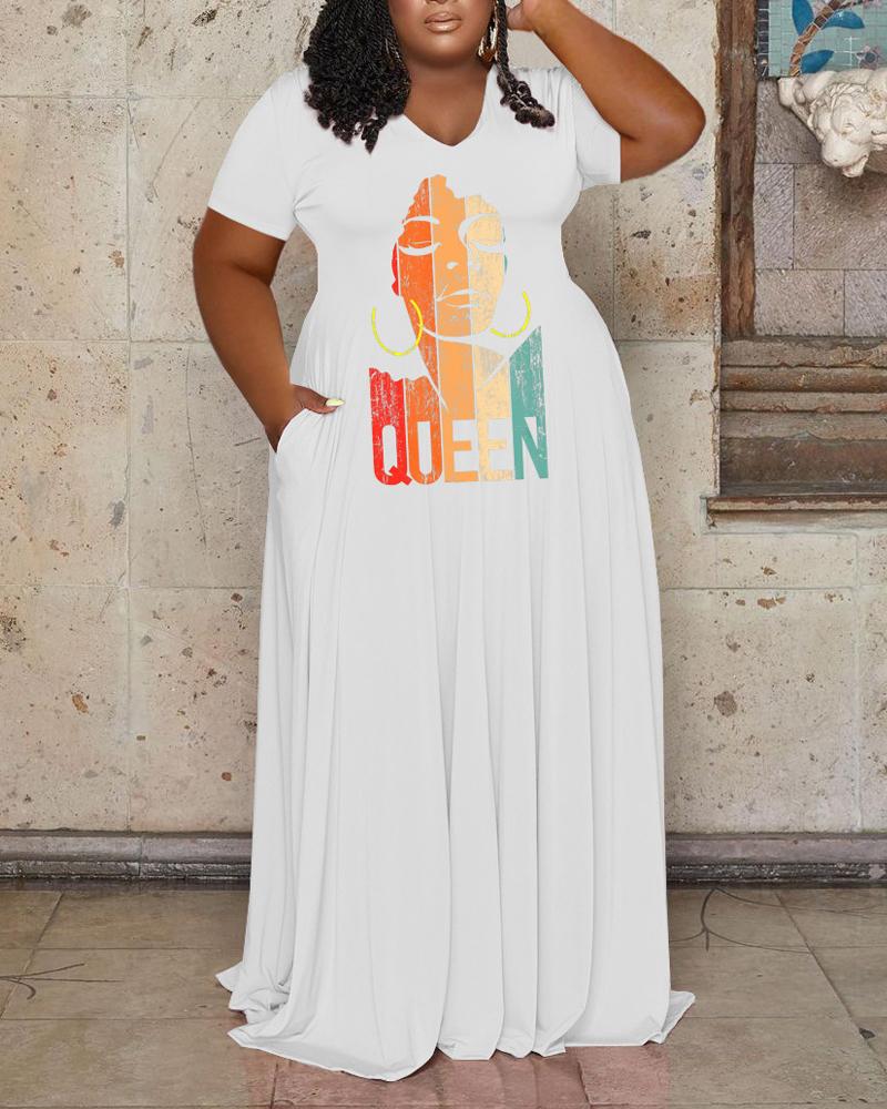 

Plus Size Figure Letter Print Pocket Detail Maxi Dress, White