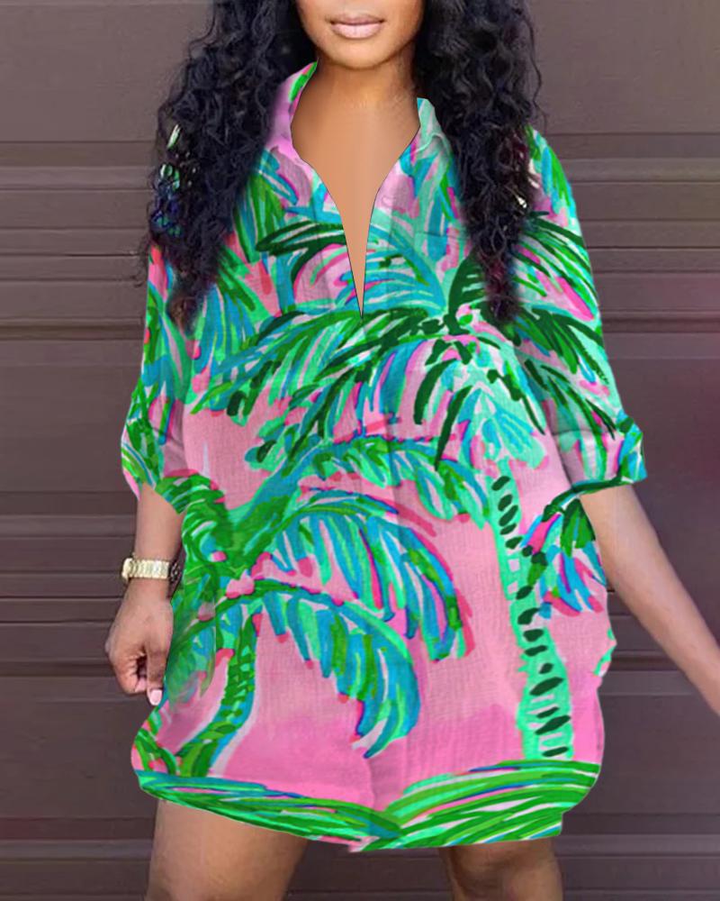 

Plus Size Allover Print Button Front Shirt, Green