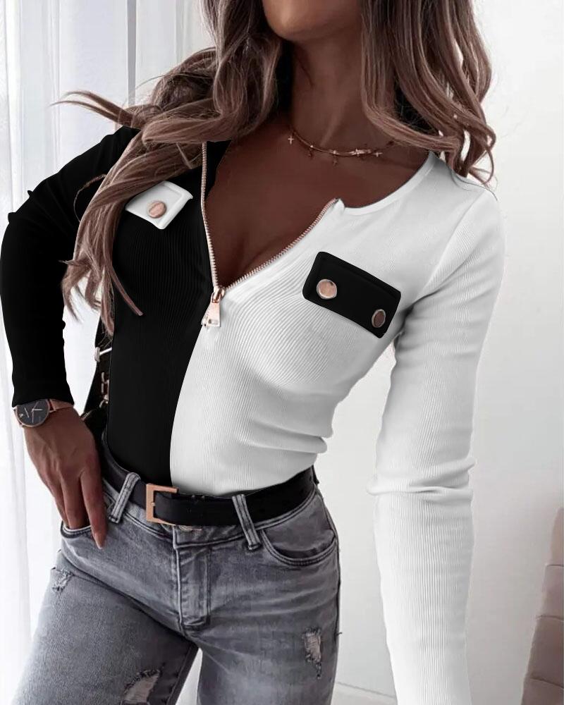 Colorblock Zip Front Long Sleeve Ribbed Top