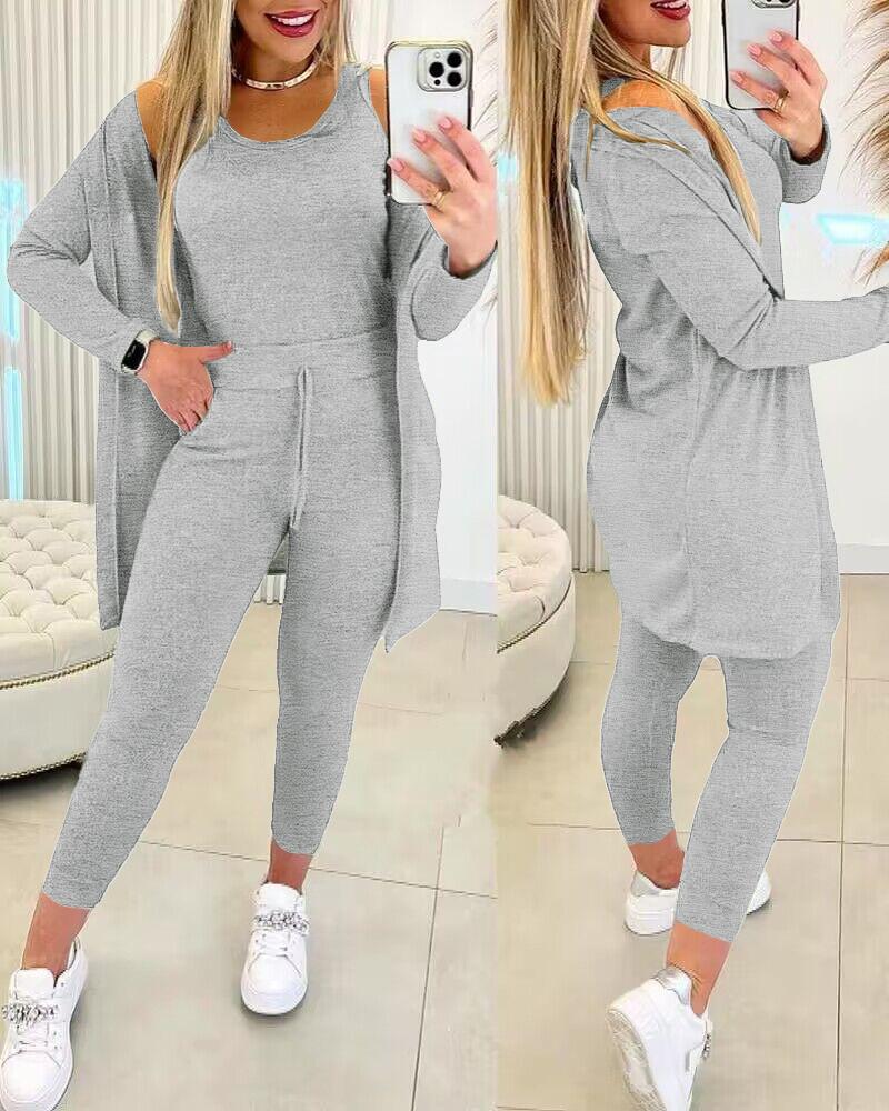 

Round Neck Tank Top & Drawstring Pants Set With Coat, Gray