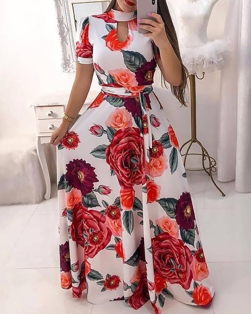 

Floral Print Cutout Front Maxi Women Dress, Red