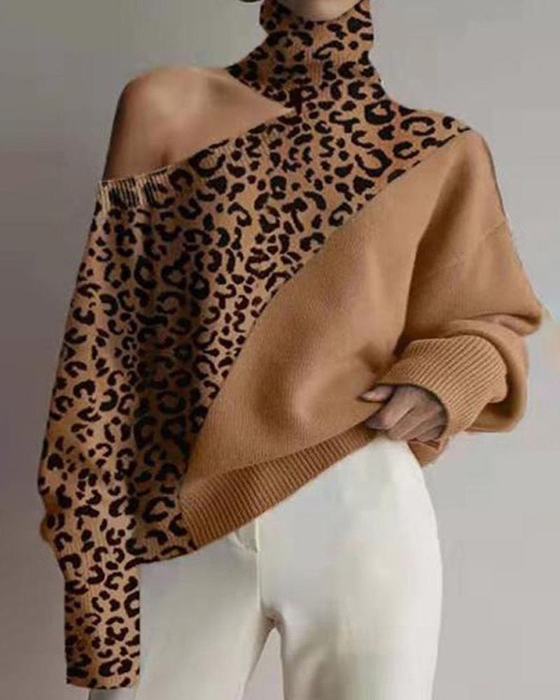 

Cold Shoulder High Neck Long Sleeve Sweater, Leopard