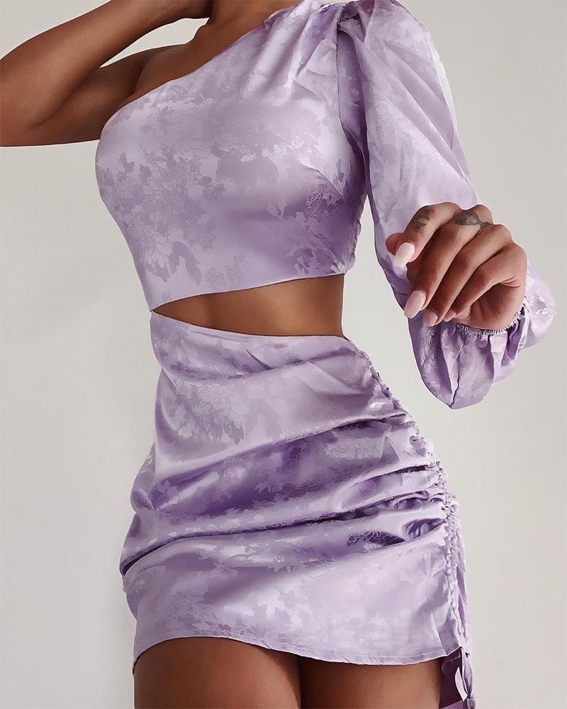 

Floral One Shoulder Satin Dress, Purple