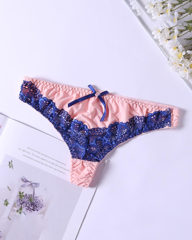 

Sexy Women Lace Patchwork Low Waist Thong With Knotbow, Blue