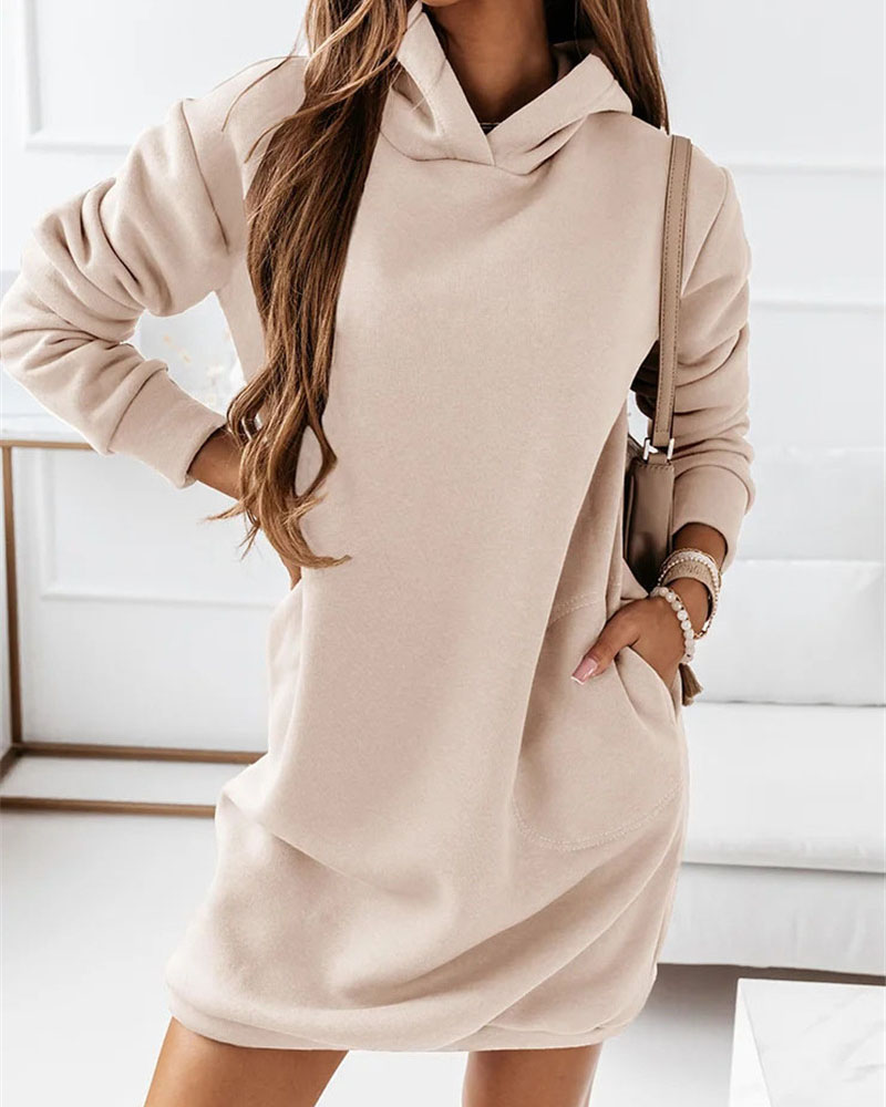 

Long Sleeve Pocket Detail Hooded Sweatshirt Dress, Khaki