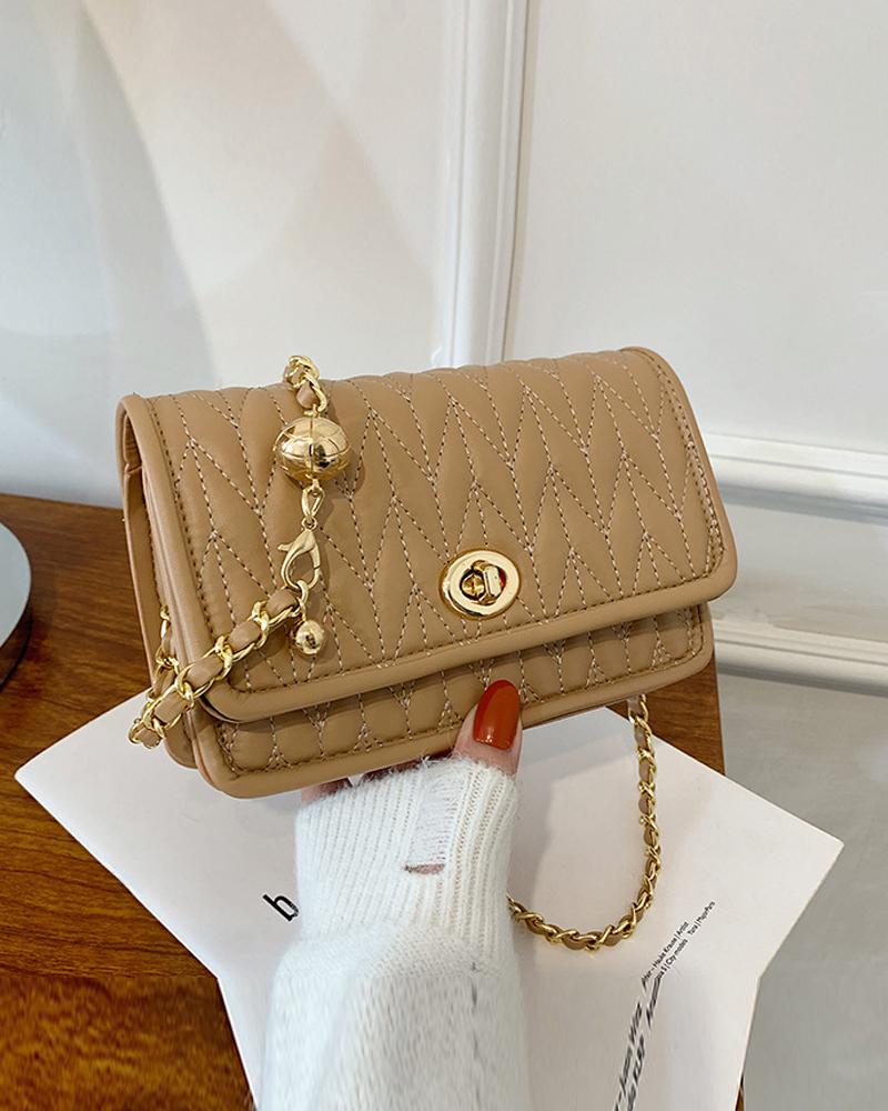 

Quilted Twist Lock Chain Strap Flap Shoulder Bag, Khaki