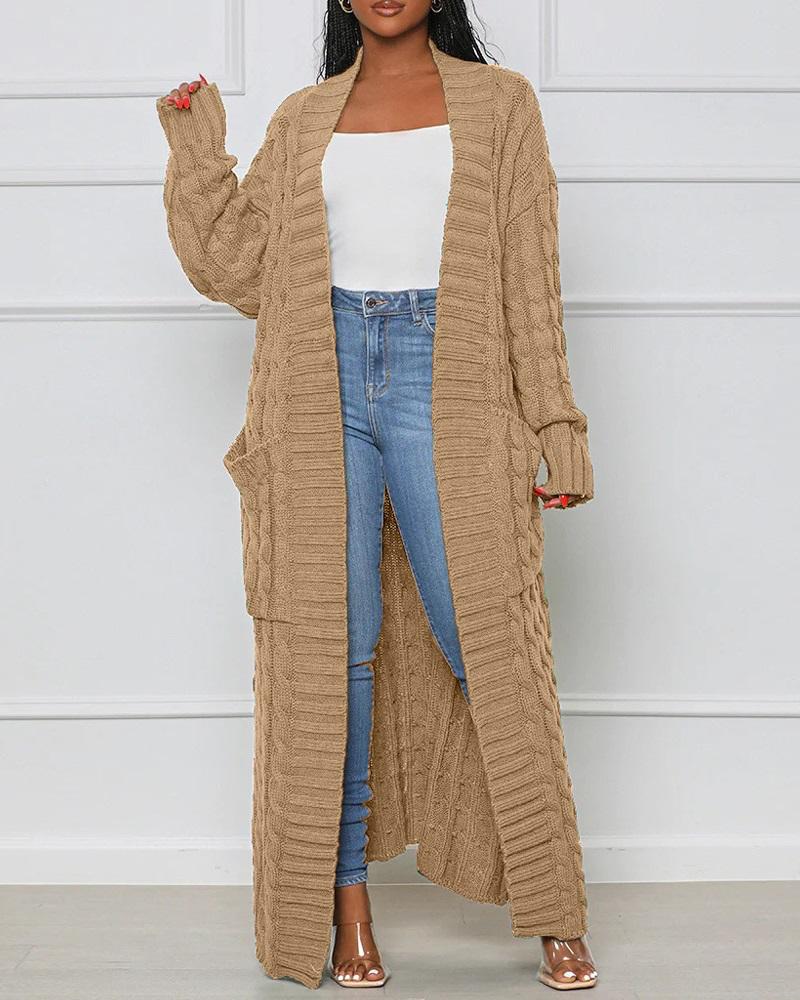 

Long Sleeve Cable Knit Longline Cardigan Open Front Sweater with Pockets, Brown