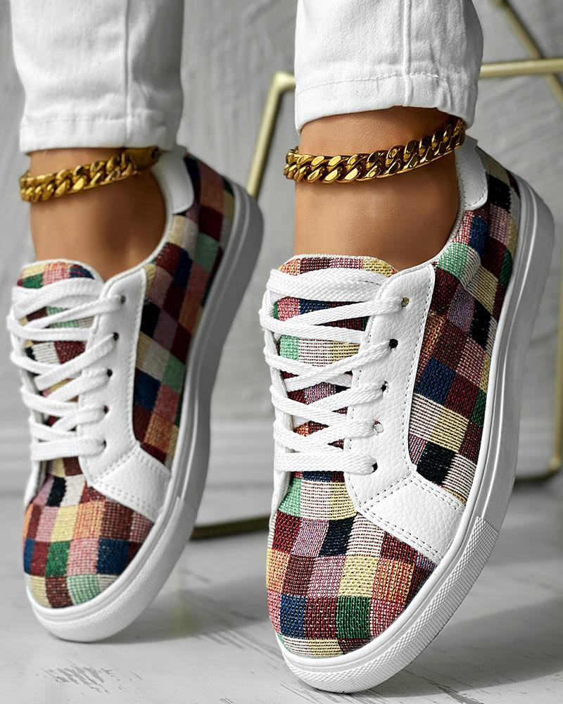 

Colorblock Plaid Print Lace-up Sneakers, Multicolor