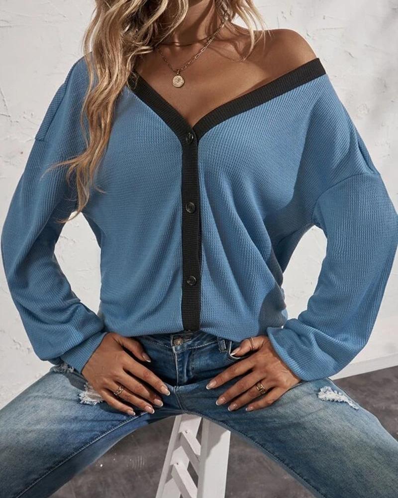 

Contrast Paneled Button Front Long Sleeve Top, Blue