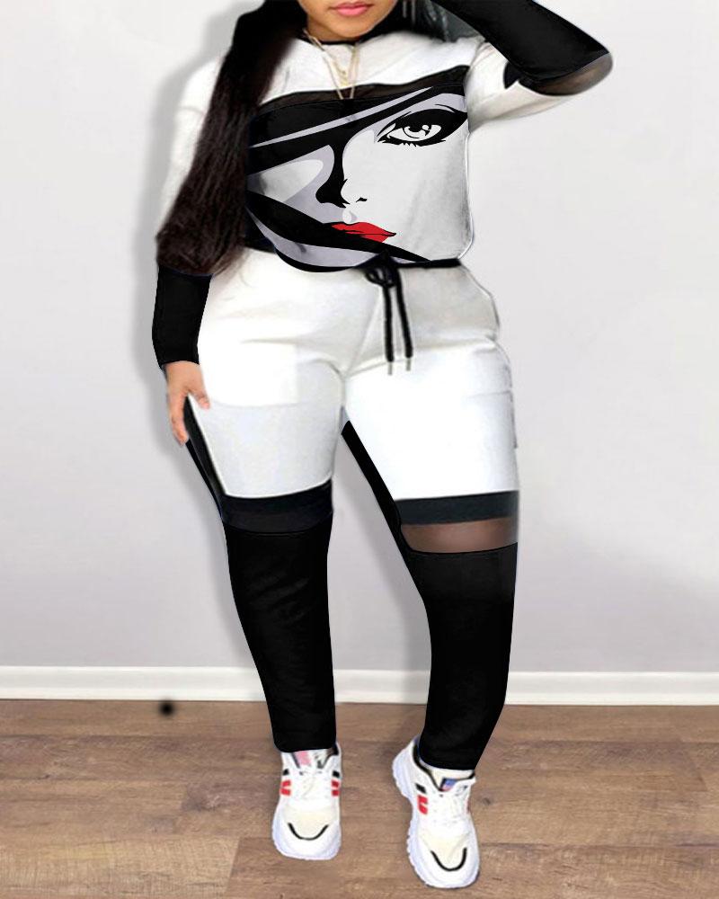 

Plus Size Figure Print Colorblock Long Sleeve Top & Pants Set, Blackwhite
