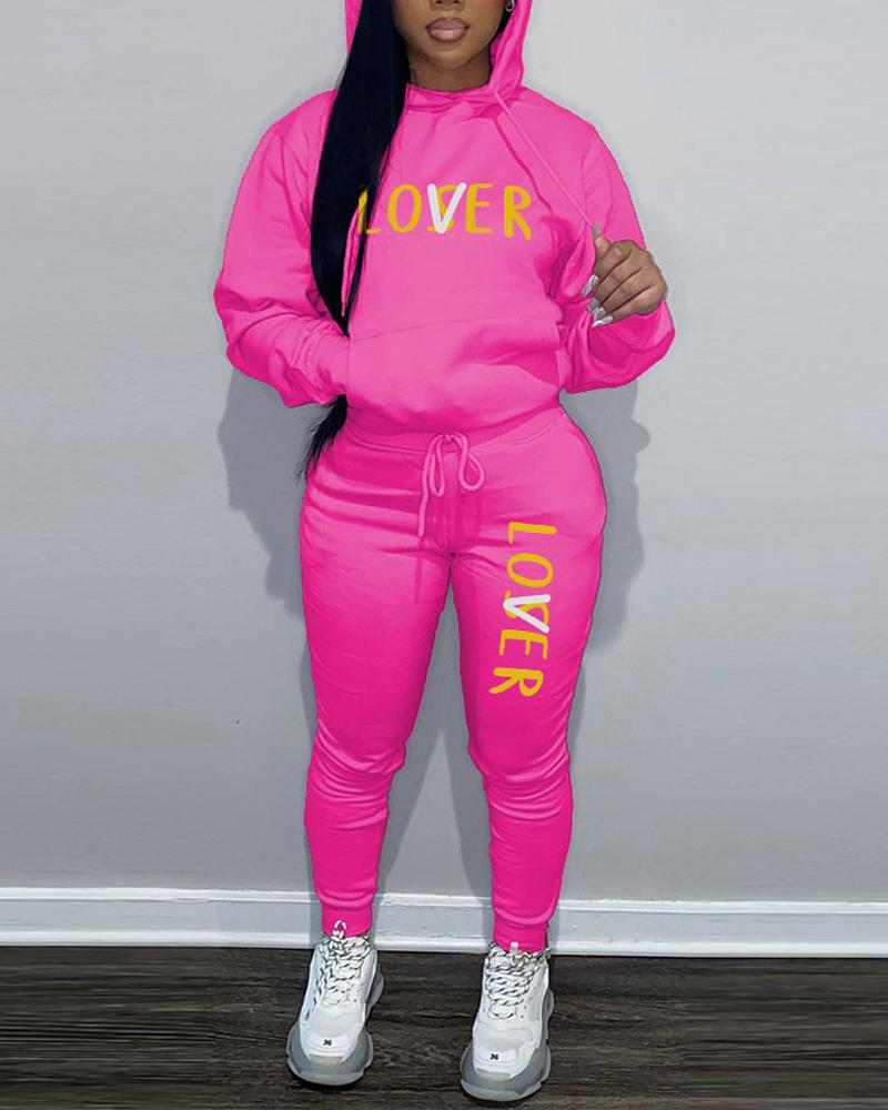 

Letter Print Long Sleeve Hoodie & Drawstring Pants Set, Hot pink
