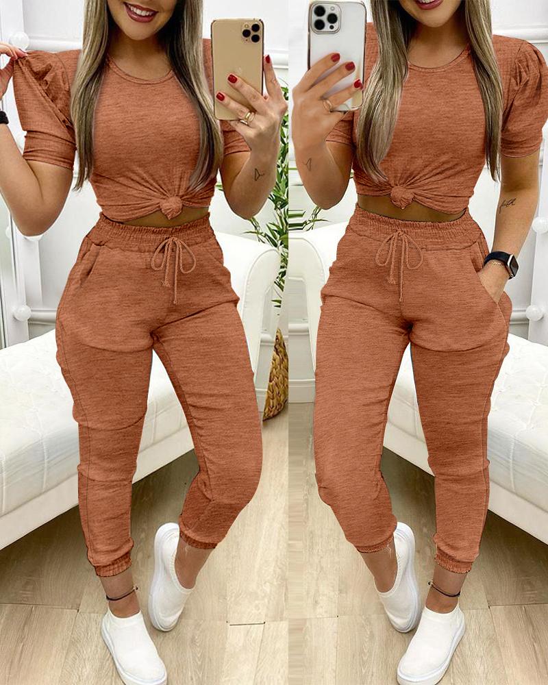 

2 Piece Round Neck Short Sleeve Top Drawstring Shirred Pants with Pocket Casual Pants Set, Brown