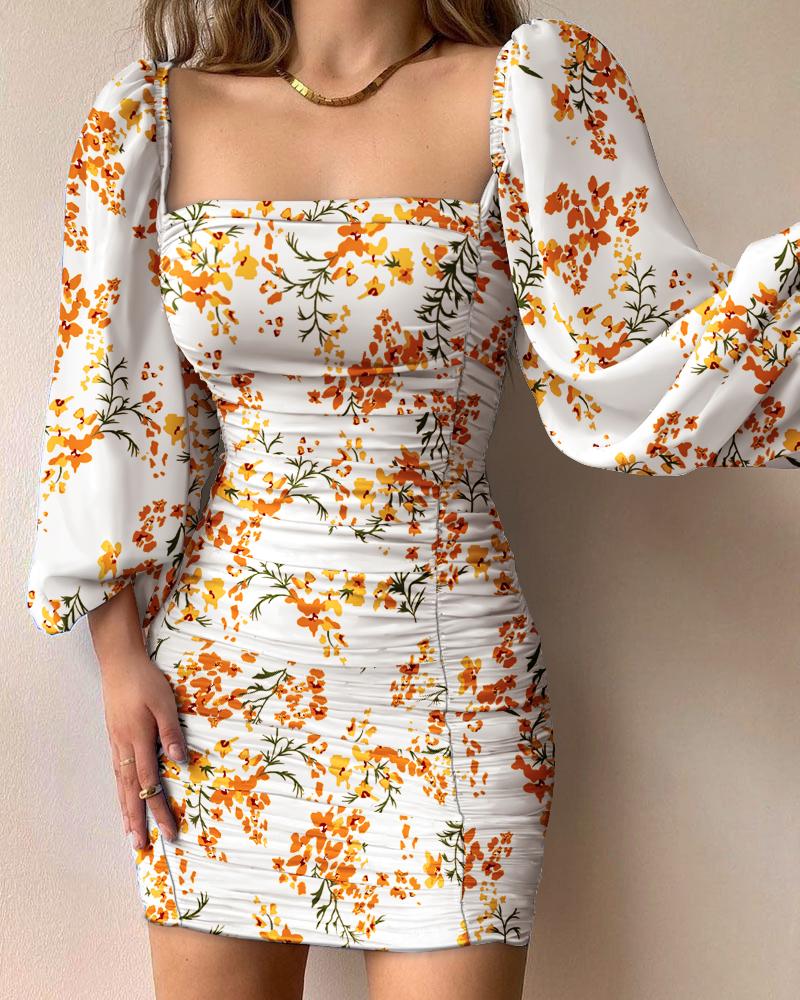 

Floral Print Lantern Sleeve Ruched Bodycon Dress, Yellow
