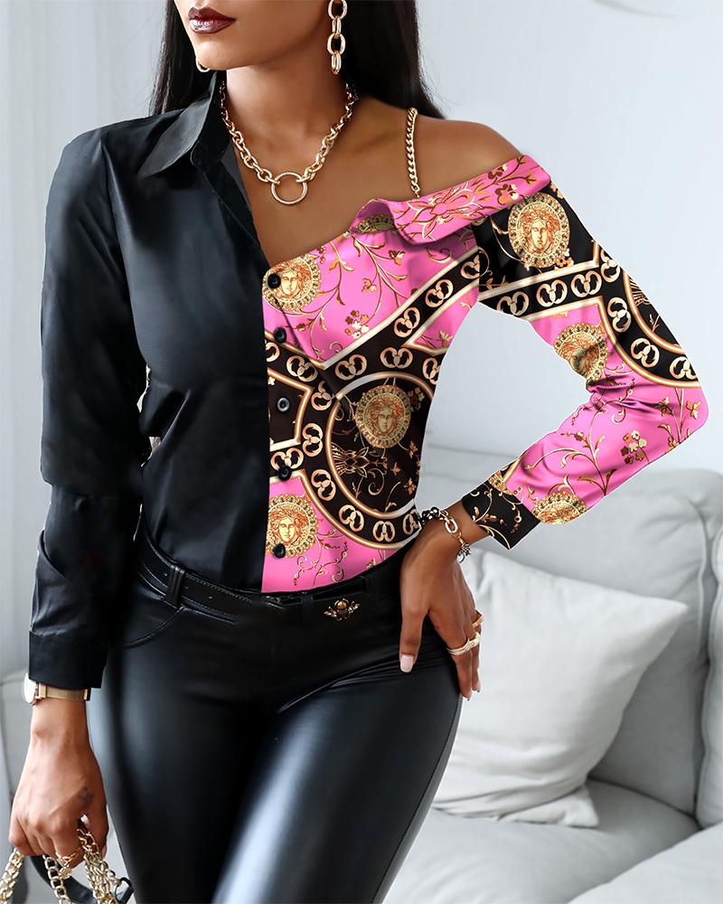 

Baroque Print Colorblock Long Sleeve Button Up Top, Multicolor