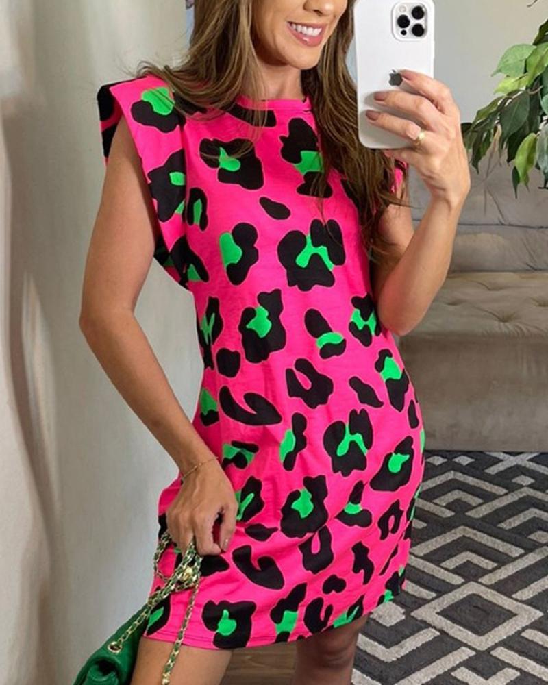 

Leopard Print Cap Sleeve Mini Dress, Hot pink