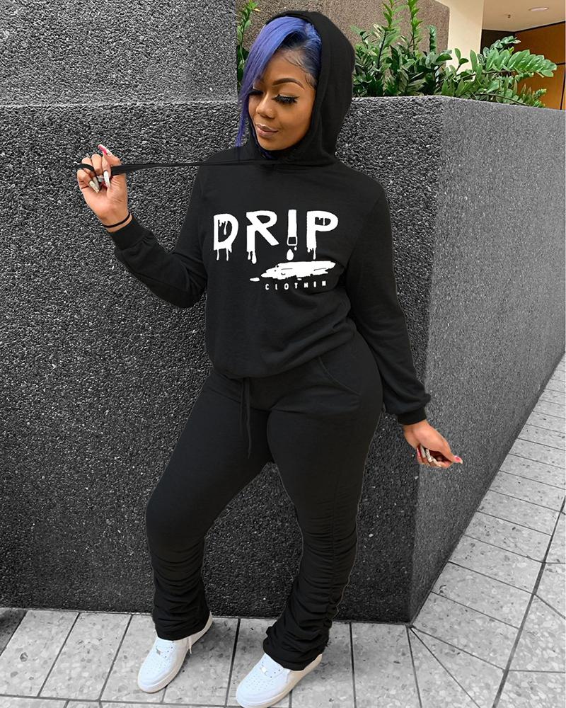 

Letter Print Long Sleeve Hoodie & Drawstring Waist Pants Set, Black