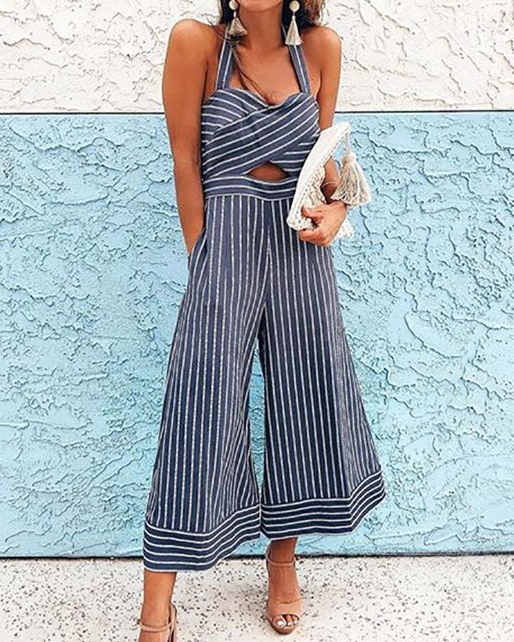 

Pinstriped Halter Cross Over Wide Leg Jumpsuit, Dark grey
