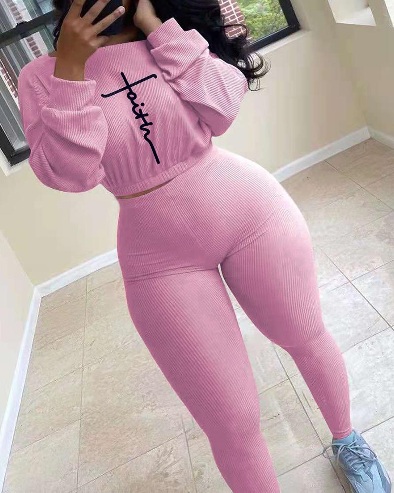 

Ribbed Letter Embroidery Long Sleeve Top & Pants Set, Pink