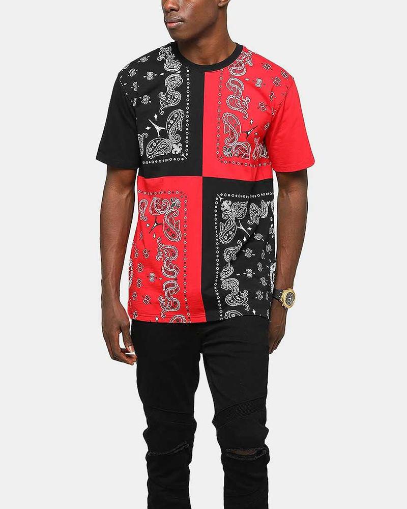 

Colorblock Paisley Print Short Sleeve Loose T-shirts, Red