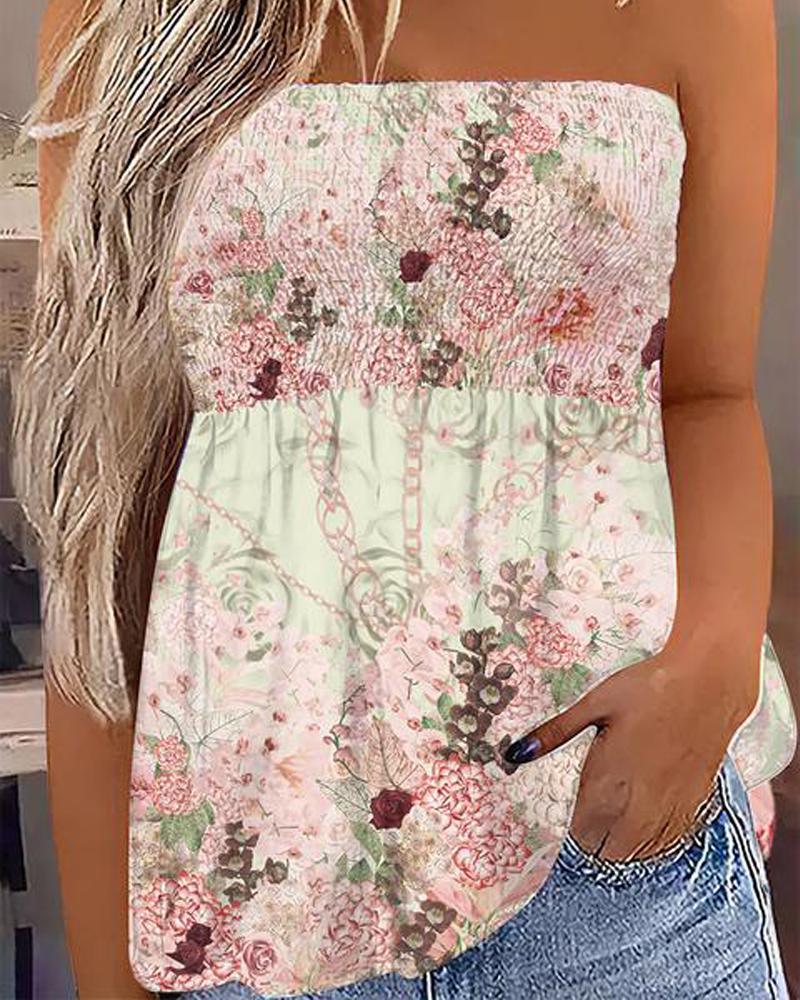 Floral Print Bandeau Shirred Tank Top