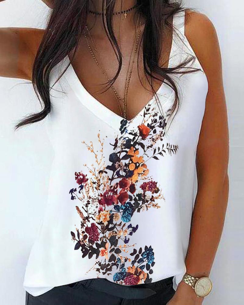 

Floral Print V-Neck Casual Tank Top, White