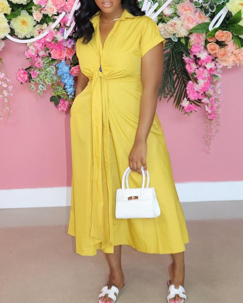 

Solid Color Lace-up Short Sleeve Shirt Maxi Dress, Yellow