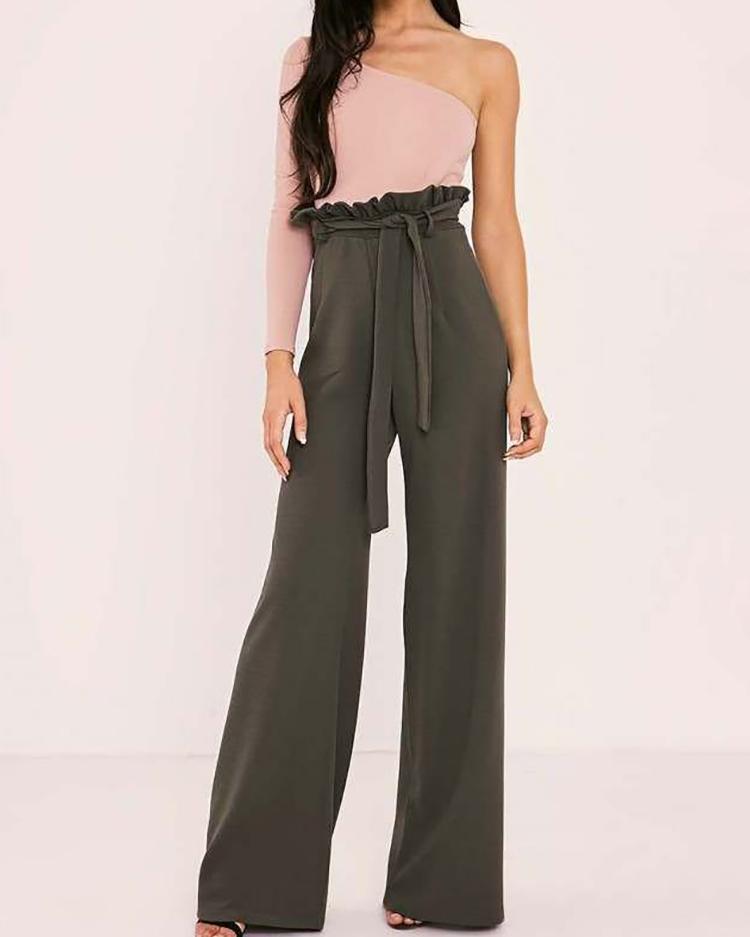 

Frills Belted High Waisted Wide Leg Pants, Army green