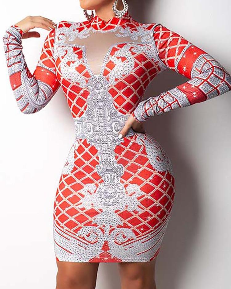 

Vintage Geo Print Long Sleeve Party Dress, Pink
