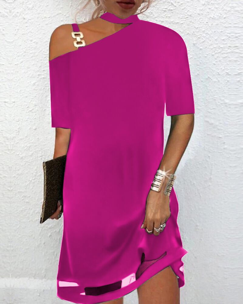 

Chain Strap Cold Shoulder Contrast Mesh Casual Dress, Hot pink