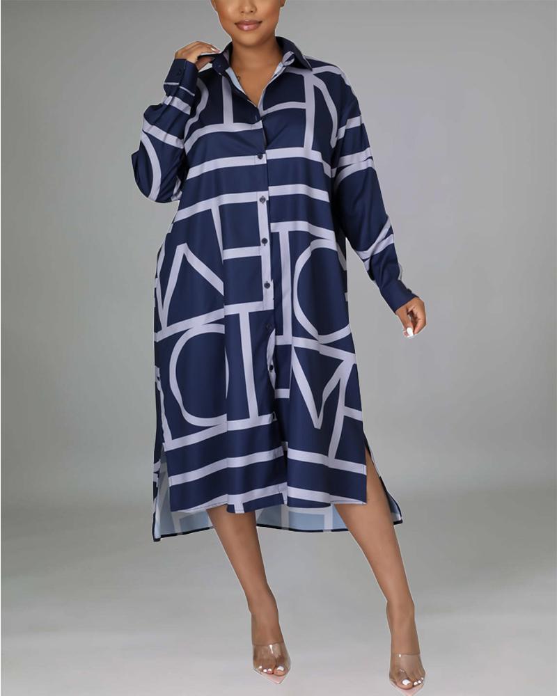 

Letter Striped Print Button Down Shirt Dress, Purplish blue